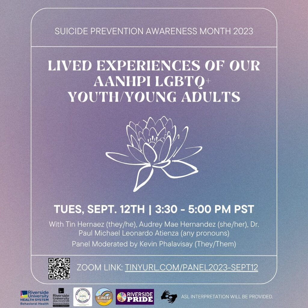 Lived Experiences of Our LGBTQ+ Youth/Young Adults Panel Presentation / Zoom Tues, Sept 12th, 3:30 - 5 PM PST