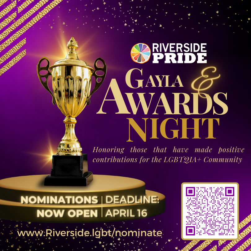 A promotional image for the Riverside Pride Awards with a royal purple background featuring a shiny trophy and a link to www.Riverside.lgbt/nominate and a QR code.